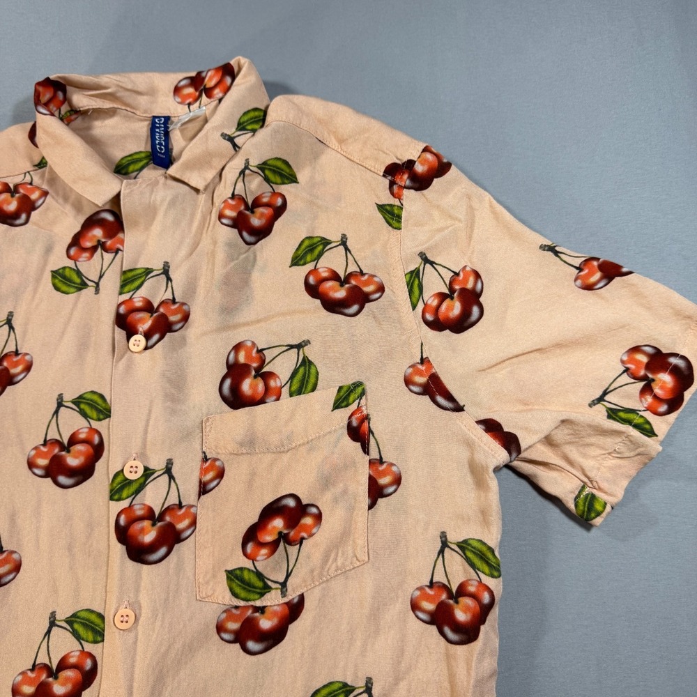 H&M Divided Womens Small Cherry Print Button Up Shirt Peach Short Sleeve Viscose - Picture 5 of 11